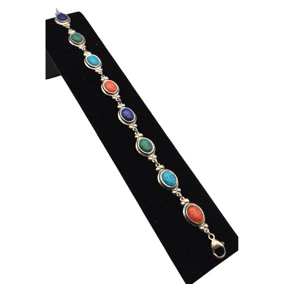 Multi-Stone Vintage-Style Silver Bracelet With Lobster Clasp