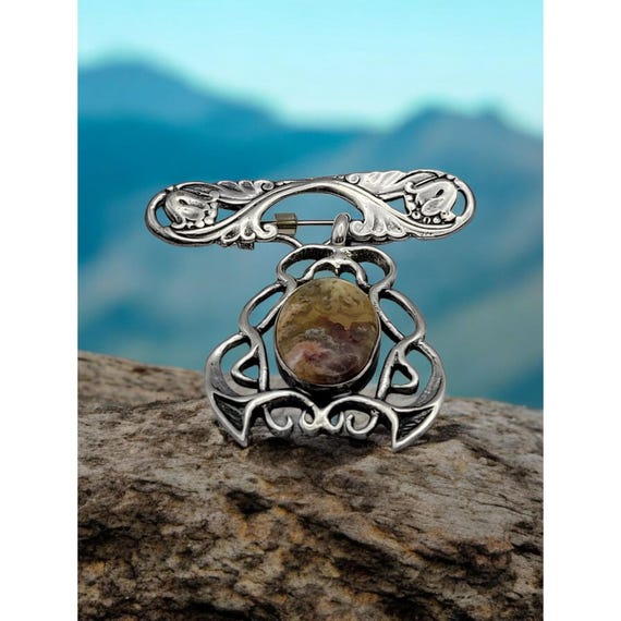 Vintage Bijoux Terner Sterling Silver & Agate Brooch Pin GIFT