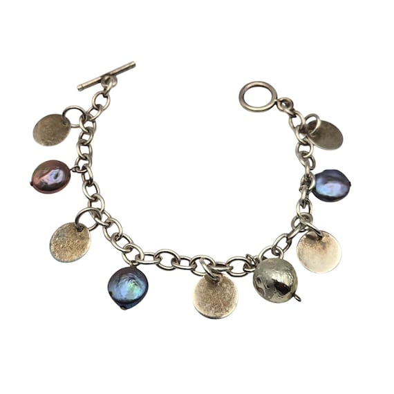 Vtg Sterling Silver Freshwater Pearl Charm Bracelet With Toggle Closure 7 "