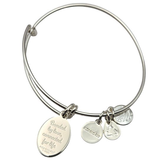 Alex & Ani Silver-Tone Charm Bangle Bracelet With "Mom" - "Bonded By Love" Charms