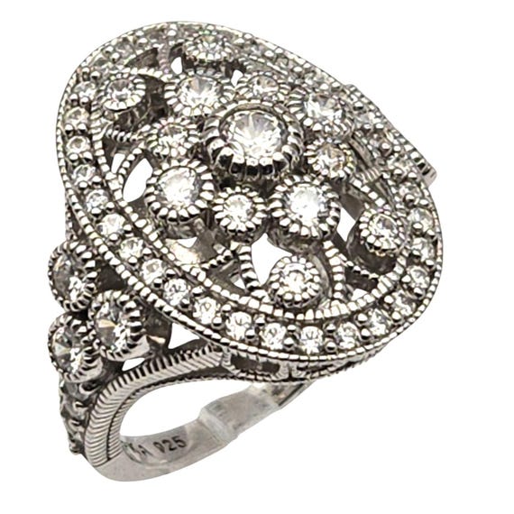 Vtg Judith Ripka 925 CZ Reticulated Filigree Cocktail Ring Size 7 Elegant Sterling Silver Statement Jewelry