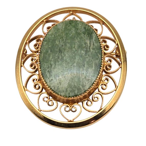 Vtg 12K Gold-Filled Oval Jade Jadeite Agate Pendant & Brooch With Intricate Heart Filigree Design