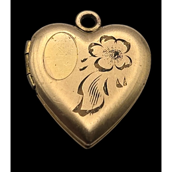 Vtg Gold-Filled Heart Locket Pendant With Engraved Floral Design & Photo Compartments 5/8 " x 1/2 "