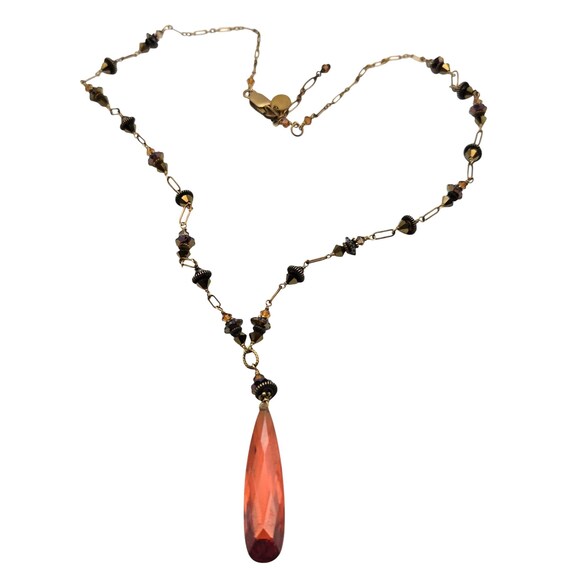 Vtg Chipita Gold-Tone Crystal Pendant Necklace With Faceted Amber Drop & Beaded Chain