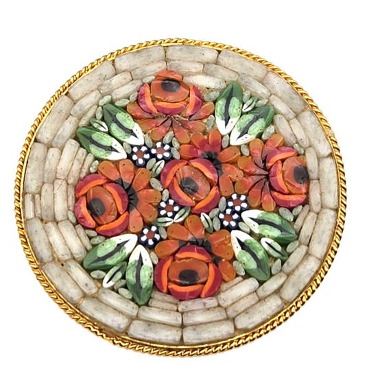 Vtg Gold Tone Italian Micro Mosaic Floral Brooch Pin 1 3/8 Inch Width