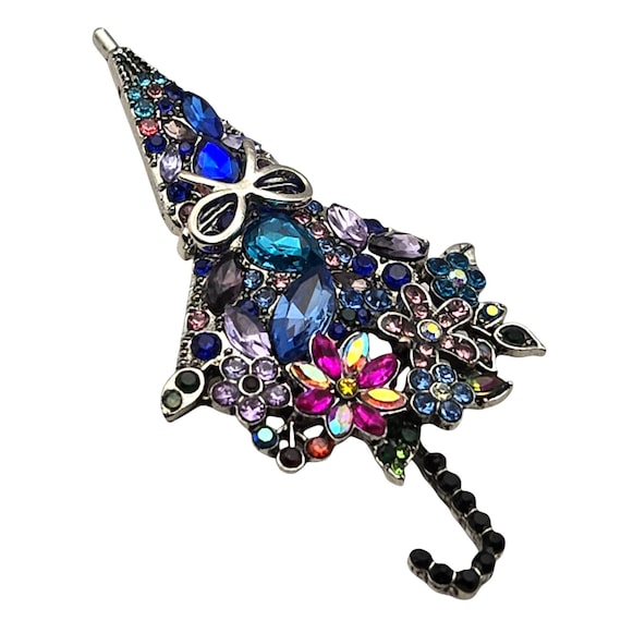 Vintage Umbrella Shaped Rhinestone Brooch With Multicolored Gemstones Floral Design 2 1/2 " X 1 3/8 "