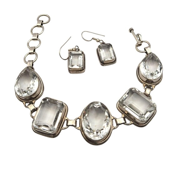 Vintage High Fashion Sterling Silver Crystal Cabochon Bracelet & Earring Set