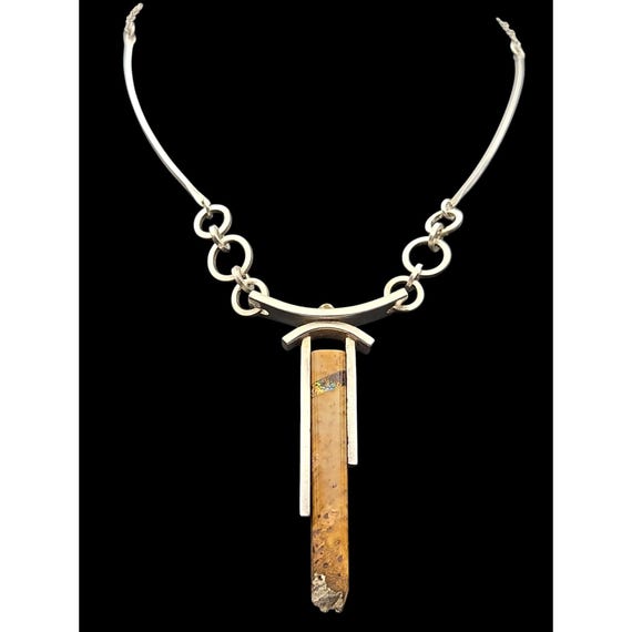 Sterling Silver Pendant Necklace With Wooden Cross Design Inlaid Gemstone Accent Chain Links Marked VCP 925