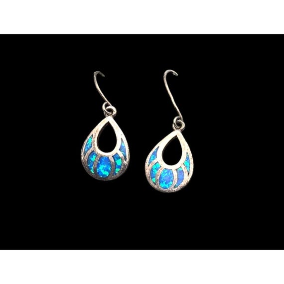 Vintage Sterling Silver Hook Dangle Earrings With Blue Opal Inlay Marked 925 MP