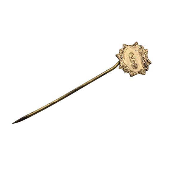 Vintage Victorian Rolled Gold Etched Stickpin With Ornate Shield Design 2 "