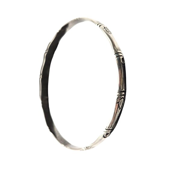 Vtg Sterling Silver Etched Bamboo Style Bangle Bracelet Handcrafted Jewelry 2 5/8" Across X 1/4" Detailed Design