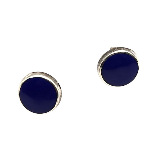 Vtg Sterling Silver Lapis Lazuli Button Stud Earrings Mexico Round Design 1/2 "