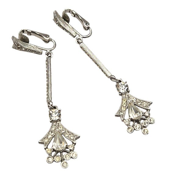 Vintage Art Deco Lever Back Clip-On Dangle Earrings Rhinestone Accent Silver-Tone Elegant Jewelry For Special Occasions