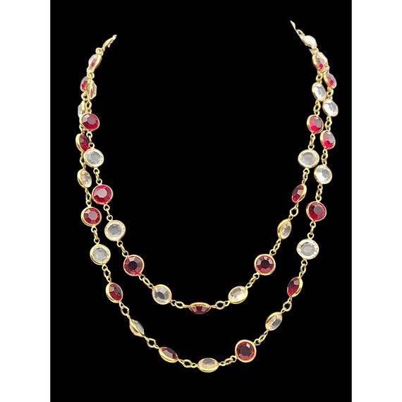 Vintage Swarovski Long Gold-Tone Chain Necklace With Red & Clear Crystal Beads
