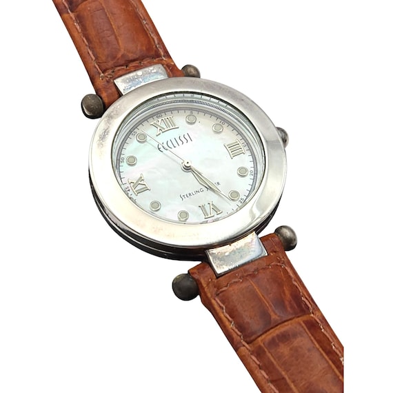 Vtg Ecclissi Sterling Silver Watch W/ Brown Genuine Leather Band Roman Numerals & Mother Of Pearl Dial 8.5" Adjustable