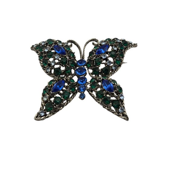 Vintage Butterfly Rhinestone Brooch Pin - Blue & Green Stones 2.5" Wide