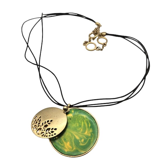 Vintage Liz Claiborne Corded Pendant Necklace With Dual Disc Design & Floral Cutout 10 1/2 "
