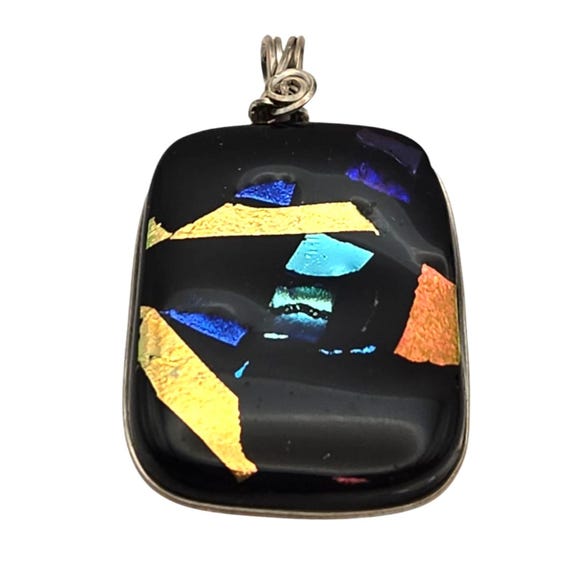 Vintage Dichroic Glass Pendant With Multicolor Accents & Silver Tone Bail 1 3/4 "
