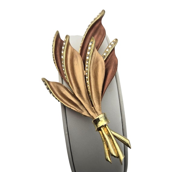 Vintage Gold Tone Leaf Brooch With Rhinestone Accents 4 " X 2 1/4 "