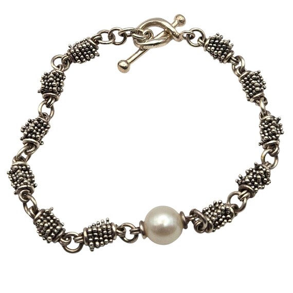 Vtg Michael Dawkins Sterling Silver Rondel Bead Bracelet W/ Pearl Accent