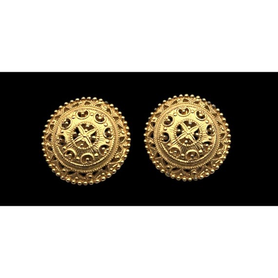 Vintage Monet Gold-Tone Reticulated Button Style Clip-On Earrings 1 "