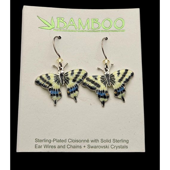Vtg Bamboo Cloisonné Swallowtail Butterfly Earrings With Swarovski Crystal Accents & Sterling Ear Wires