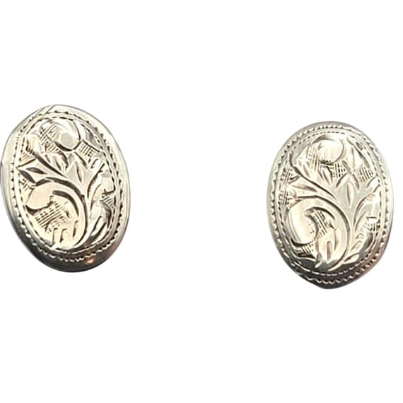 Vtg Sterling Silver Oval Engraved Button Stud Earrings 5/16" X 1/2" Art Deco Design SMALL