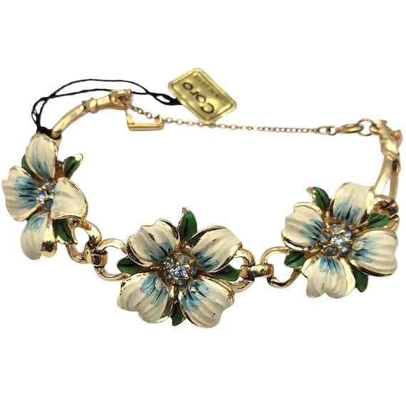 Vtg Coro Gold-Tone Floral Bracelet W/ Enamel & Rhinestones Adjustable Chain Tag Intact RARE