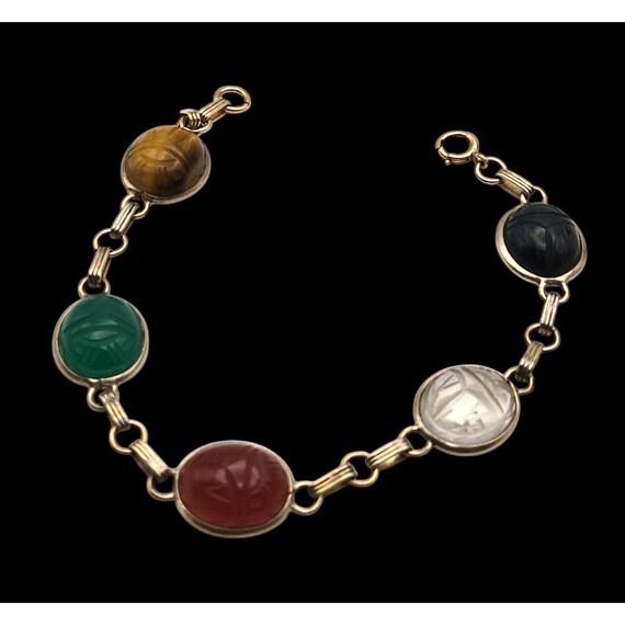 Vtg. Gold Filled Asian Carved Gemstone Cabochon Bracelet 7 "