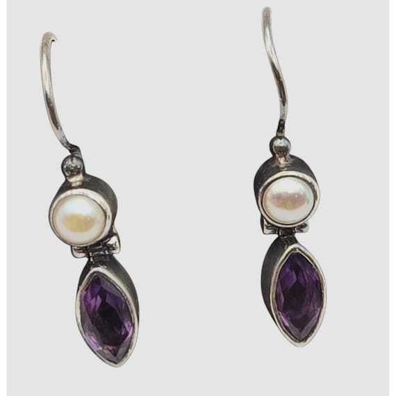 Vtg Sterling Silver Cultured Pearl & Amethyst Drop Earrings Marquise Cut Stone Elegant Design 3/4 " w 1 1/4 " Drop