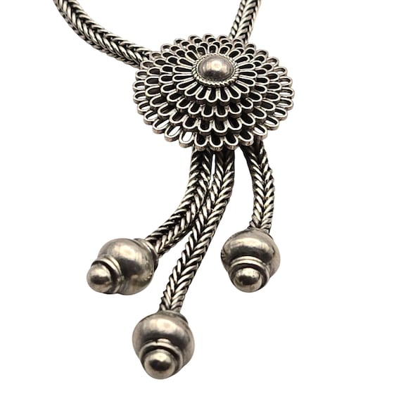Vintage Bali Sterling Silver Pendant Necklace With Ornate Floral Design & Drop Accents 10 1/2 Inch