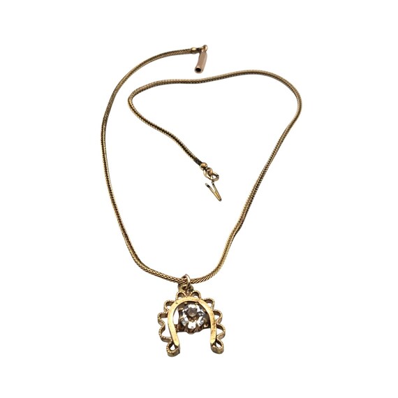 Vtg Gold Plated Art Deco Pendant Necklace W/ Rhinestone Accent 12 1/2" Chain Horseshoe Pendant 1/2" X 3/4"