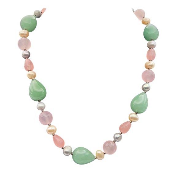 Vintage Multi-Gemstone Necklace With Green Aventurine Rose Quartz & Pearl Beads Lobster Clasp Closure Elegant Design