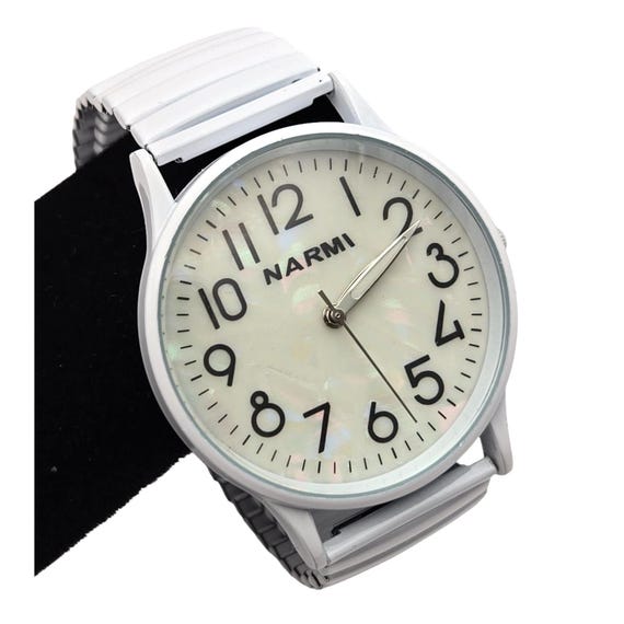 Vtg Narmi White Metal Watch W/ Stretch Bracelet & Bold Large Face