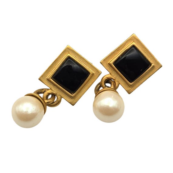 Vtg Gold Tone Faux Pearl Dangle Earrings Black Onyx Accent Square Studs Avant Garde Jewelry 5/8" Width 1 3/8" Drop