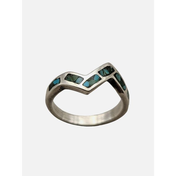 Sterling Silver & Turquoise Chevron Ring - Size 4.5 - Bohemian Vintage Jewelry