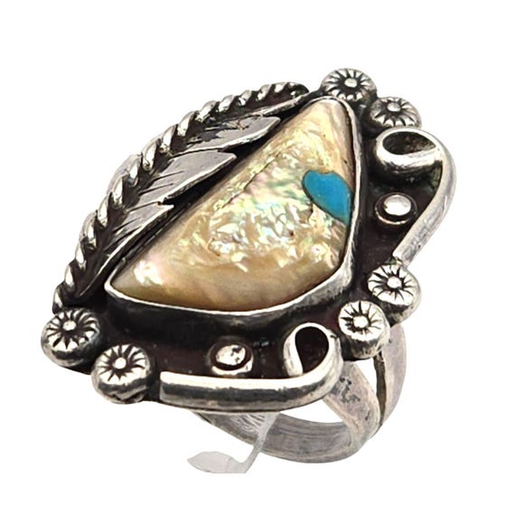 Vintage Native American Sterling Silver Gemstone Ring With Abalone & Turquoise Inlay Size 5 1/2