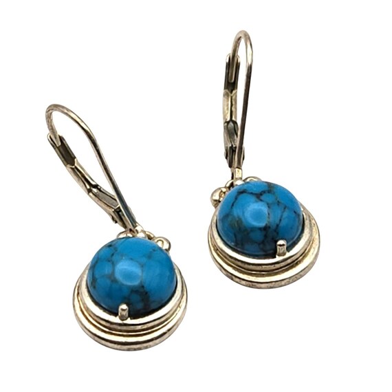 Vintage Turquoise Cabochon Latch Back Earrings Gold-Tone Leverback Oval Design 925 Stamped Lightweight