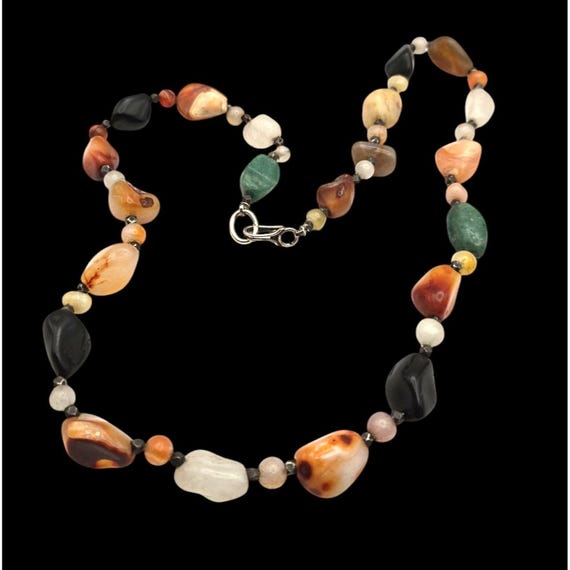 Vintage Polish Agate Gemstone Beaded Necklace With Sterling Bead Accents 22 " Inch