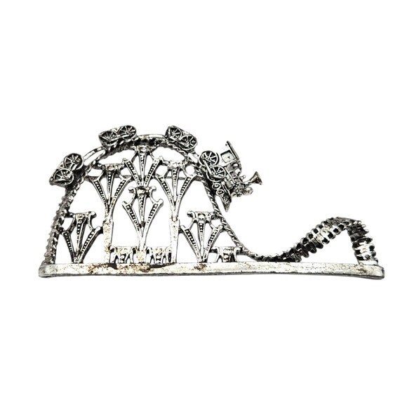 Vintage Silver Tone Train Roller Coaster Brooch Pin 3.5" x 1.75" Unique Detailed Design