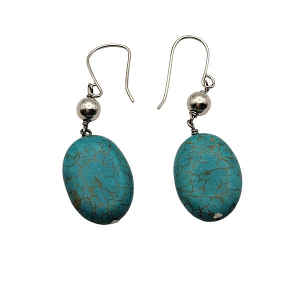 Turquoise & Silver Oval Dangle Earrings With Fishhook Backs Gift Earrings