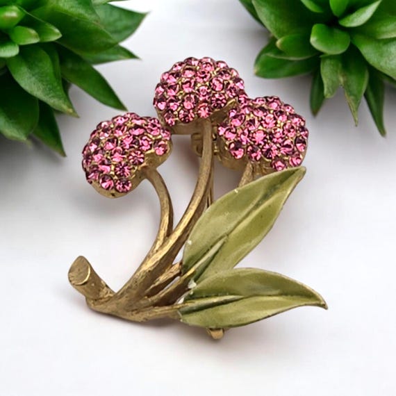 Vintage JJ Pink Rhinestone Flower Brooch Pin Gold Tone