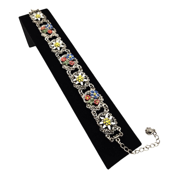 Vintage Silver Tone Enamel Flowers Bracelet With Spring Ring Closure & 2" Extension Chain