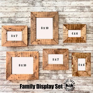 May include: A set of six rustic wooden picture frames in various sizes, including 4x6 inches, 5x7 inches, and 8x10 inches. The frames are made of natural wood with a distressed finish and have a simple, farmhouse style.