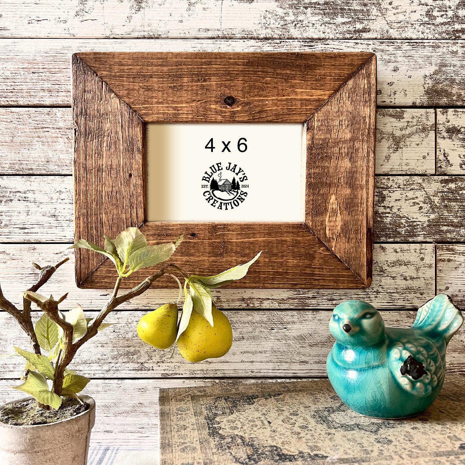 4x6 barnwood style complete picture frame.  Rustic and distressed farmhouse appeal.  Includes all hardware to stand or hang & poly glass