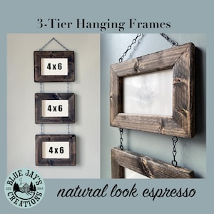 May include: Three rustic wooden picture frames with black chains hanging from a wall. The frames are 4x6 inches and are arranged in a vertical stack. The frames are a natural look espresso color.