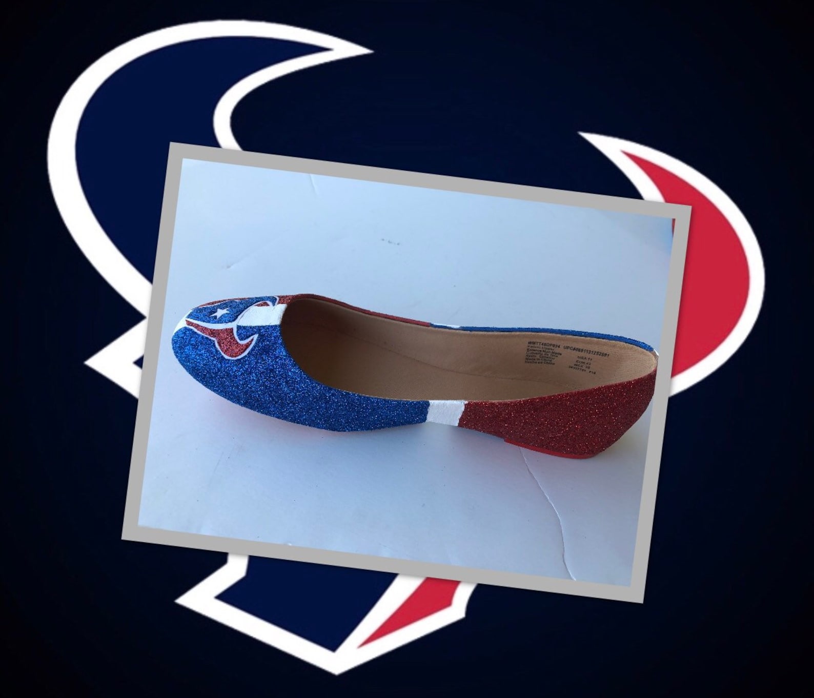 houston texans women's custom football ruby red royal blue white glittered ballet flats *free u.s. shipping* jco.customs by