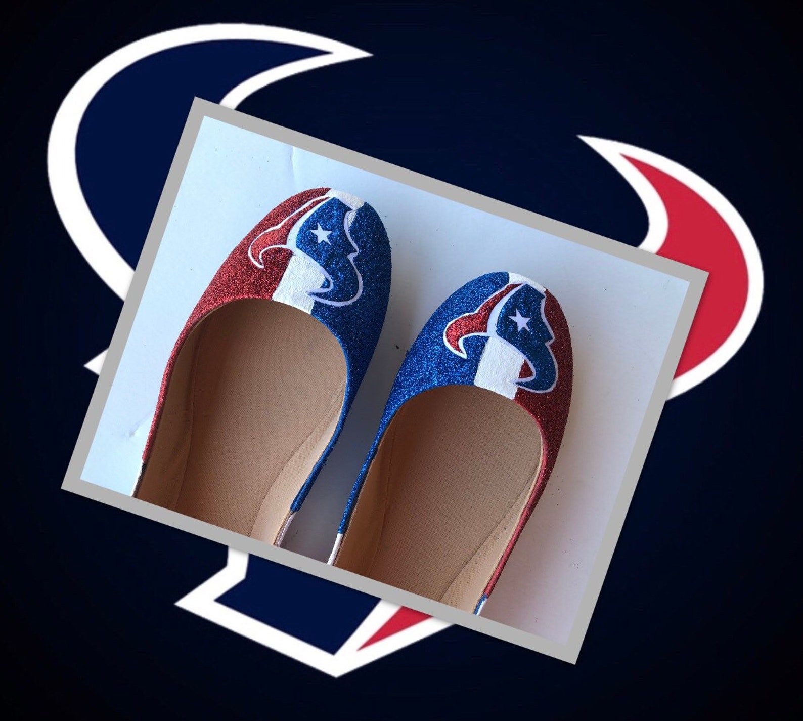 houston texans women's custom football ruby red royal blue white glittered ballet flats *free u.s. shipping* jco.customs by