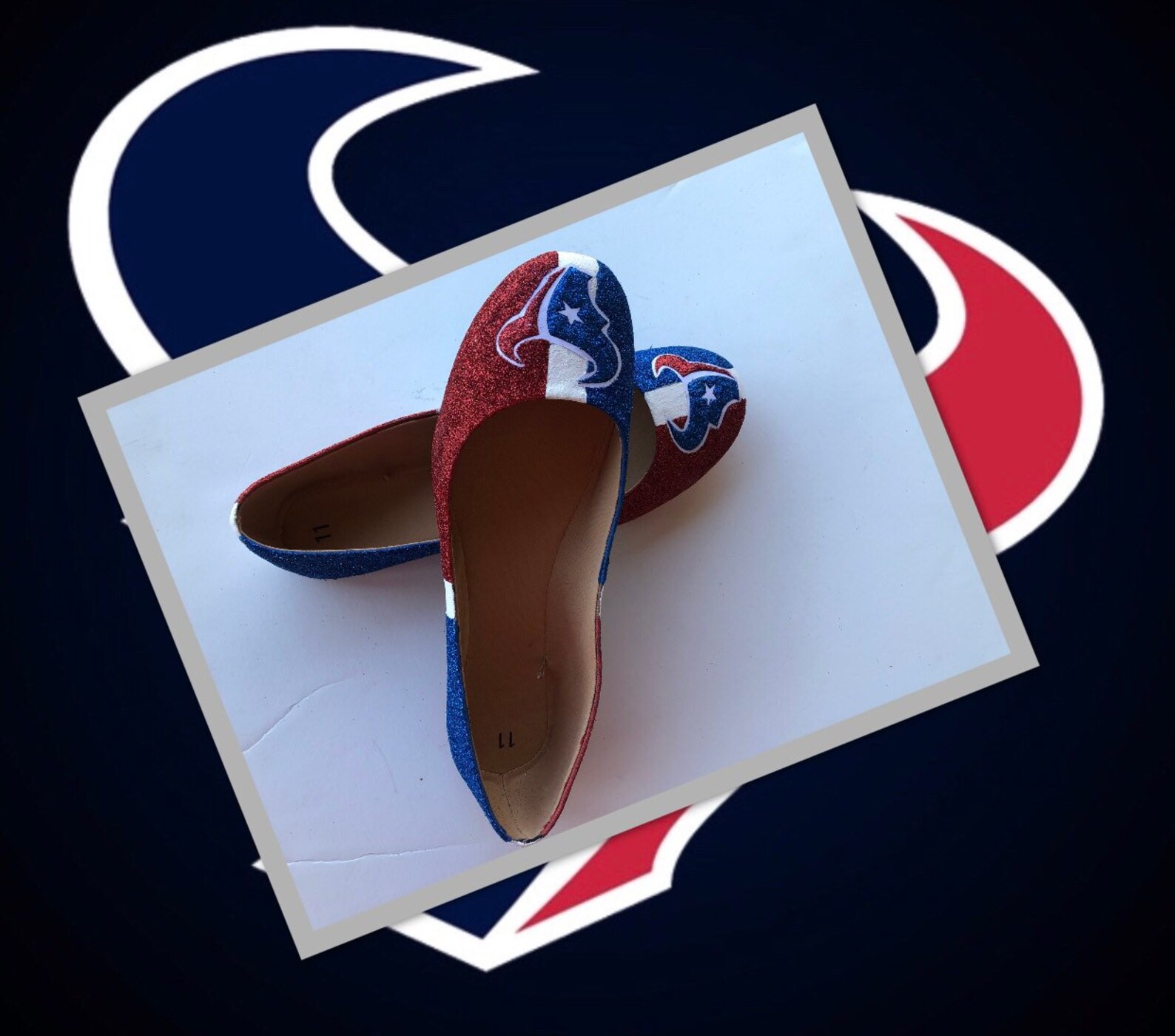 houston texans women's custom football ruby red royal blue white glittered ballet flats *free u.s. shipping* jco.customs by