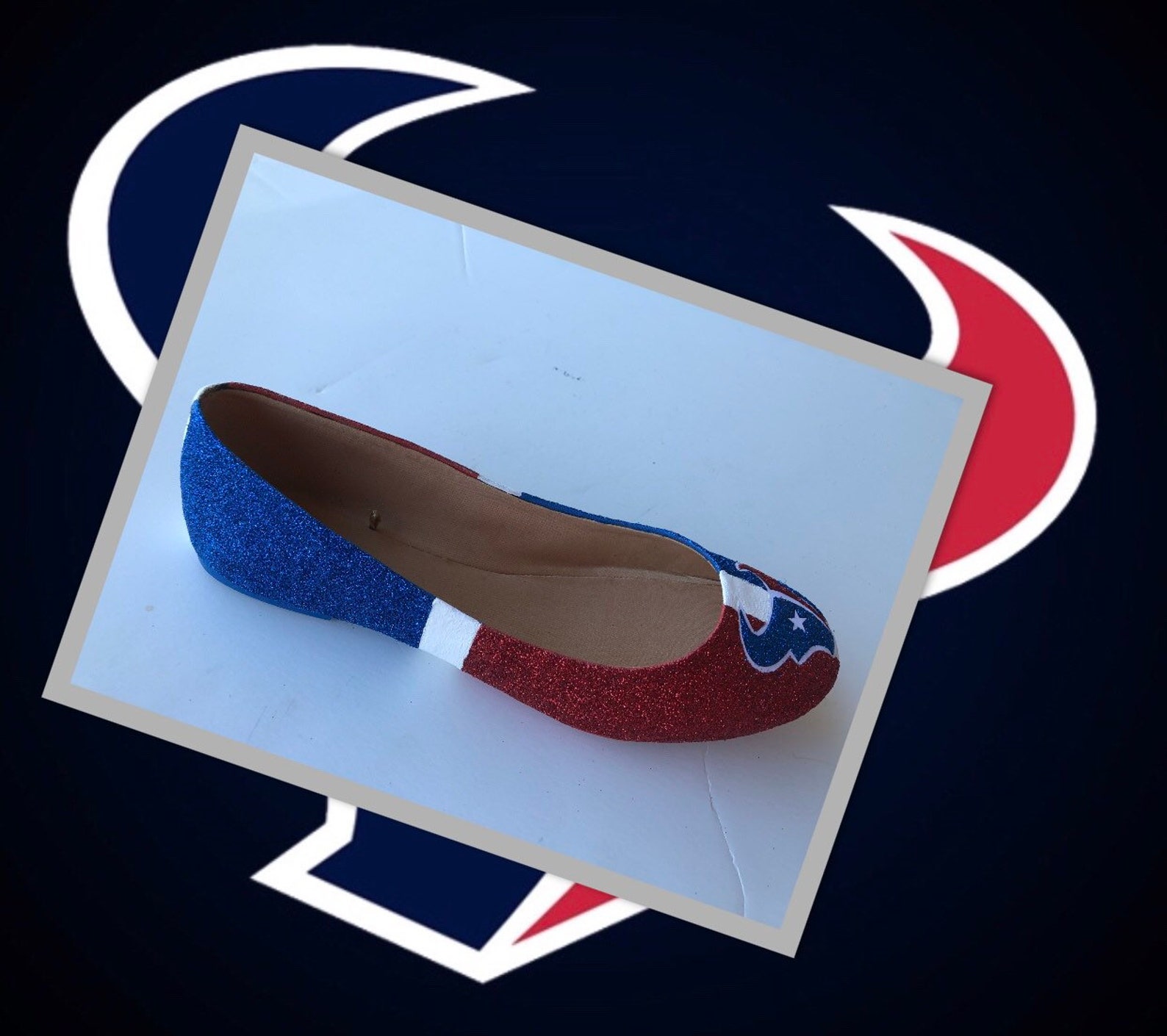 houston texans women's custom football ruby red royal blue white glittered ballet flats *free u.s. shipping* jco.customs by